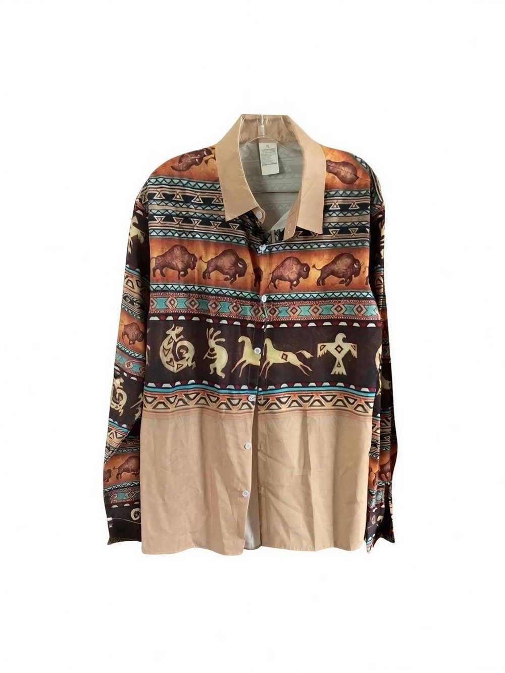 Southwest-Pattern Button-Down Shirt in Beige and Brown
